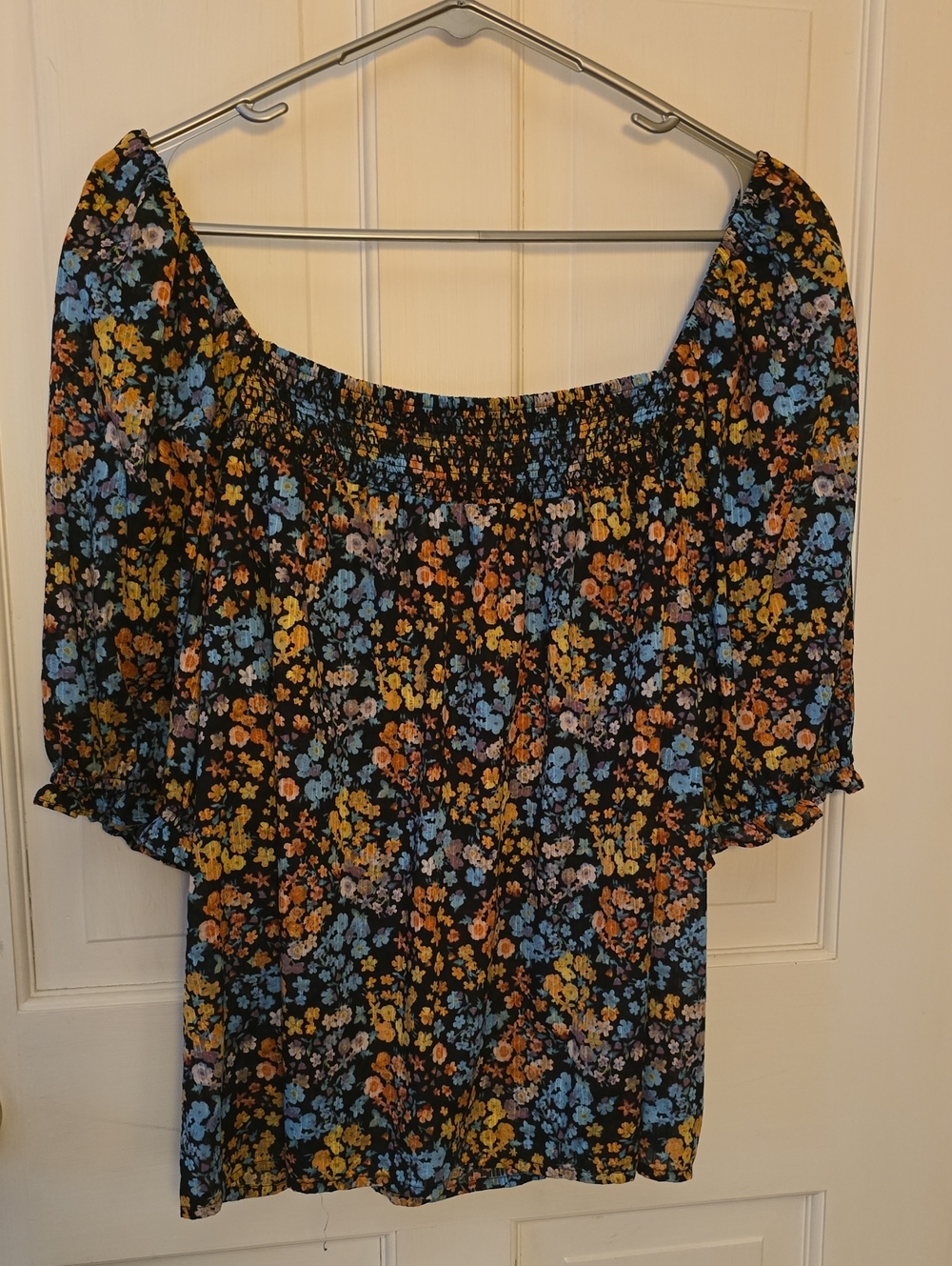 a.n.a Black Off-Shoulder Floral Tunic with Blue & Yellow Flowers